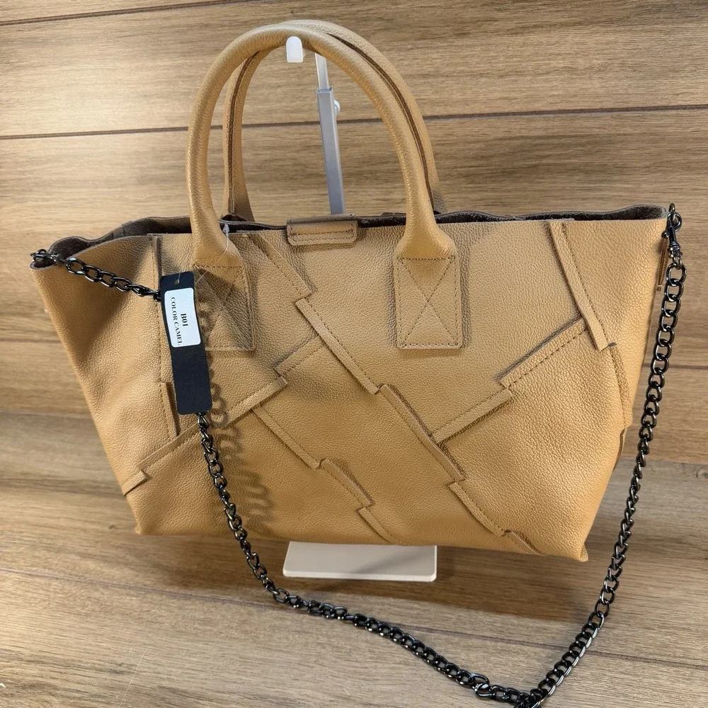 New Fashion Falor 1980 Firenze Camel Brown Italy Soft Leather‎ Chain Handbag